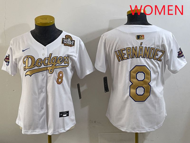 Women Los Angeles Dodgers #8 Hernandez White Gold Game Nike 2025 MLB Jersey style 4296->women mlb jersey->Women Jersey